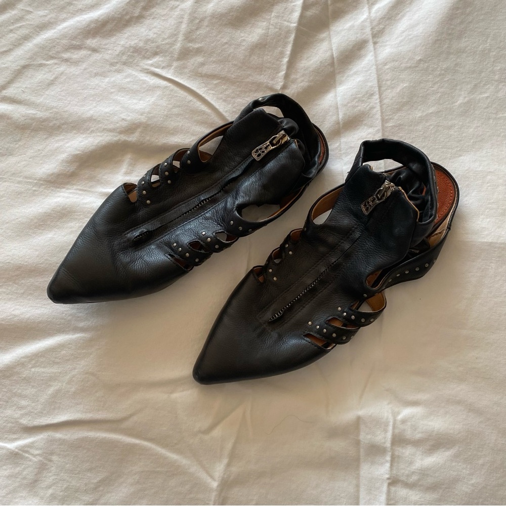 A.S.98 Black Leather Pointed Flats with Studded Cutouts